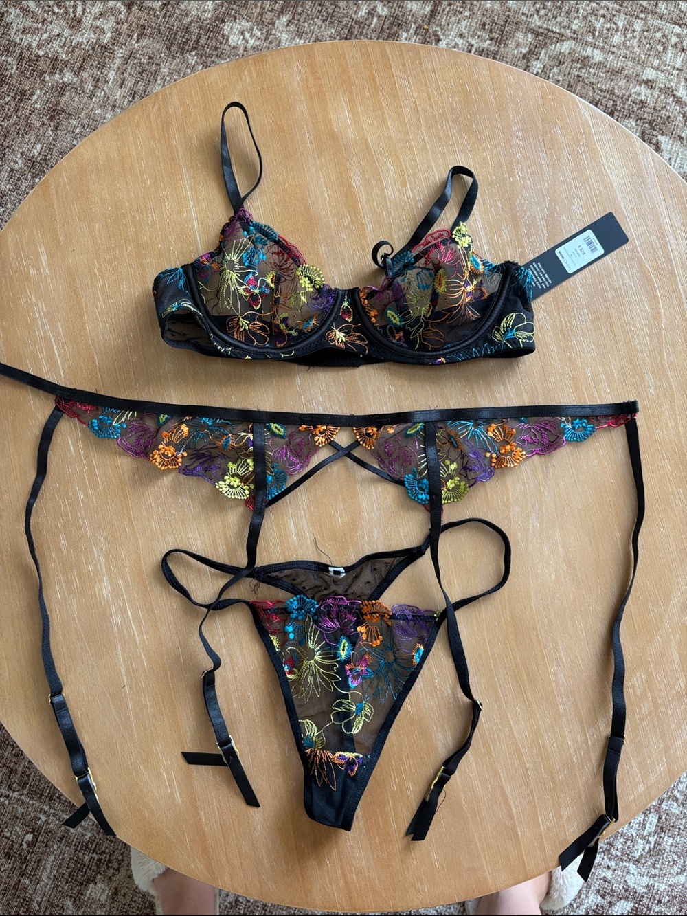 Fashion Nova Black Sheer Lace Bikini Set with Multicolor Floral Embroidery